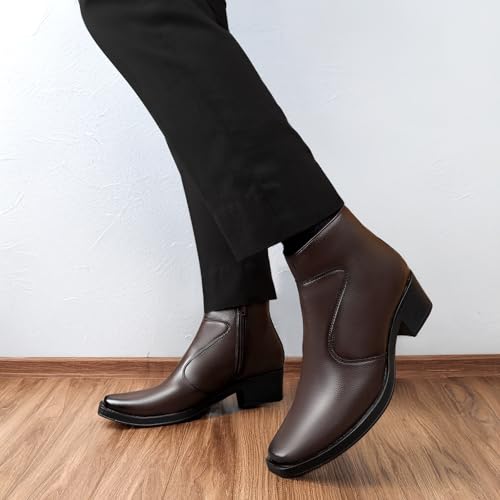 Image of BXXY Men's 5-6 Cm Block Heel Height Increasing Faux Leather Material, Casual Formal Slipon Ankle Boot and Dress Boot