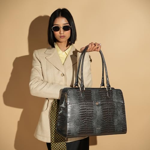 Image of Theater Dr. Grief Brown Croco Handbag for Women | Structured Top Handle Tote with Spacious Interior | Elegant Office Work & All Day Essential Laptop Bag