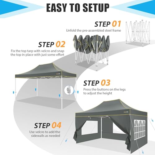 Image of HOTEEL 10x15 Heavy Duty Pop Up Canopy with Sidewalls, Party Tent with Roller Bag for Event Wedding, Upgraded Commercial Waterproof Instant Canopy, Thick Hexagonal Legs, UPF50+, Gray