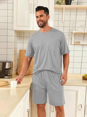 Image of Mens Pajamas Set Lightweight Summer Pjs Sleepwear Soft Comfy Short Sleeve Loungewear With Pocket (S-4X)