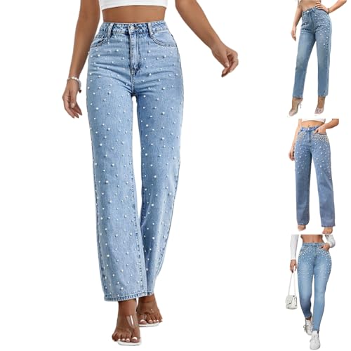 Women's Straight Leg Jeans Tummy Control Baggy High Waisted Boyfriend Jeans Casual Denim Pants Trousers with Pearls