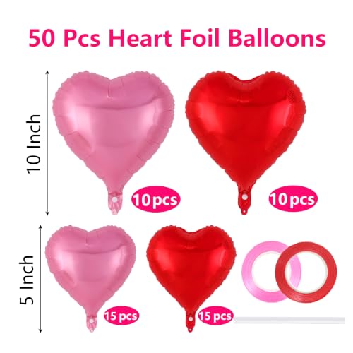 Image of 50 Pcs Red Pink Heart Balloons,5 Inch and 10 Inch Heart Foil Balloons Love Balloon Valentine Balloon for Birthday Party Wedding Engagement Party Baby Shower Valentine Day Decorations