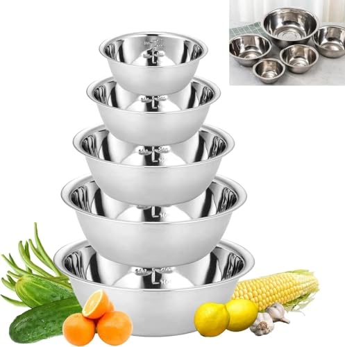 STOUCLA Ensemble de 5 bols en acier inoxydable,saladier à fond plat, saladier avec graduation,de service pour la cuisine,empilable, les salades, la...
