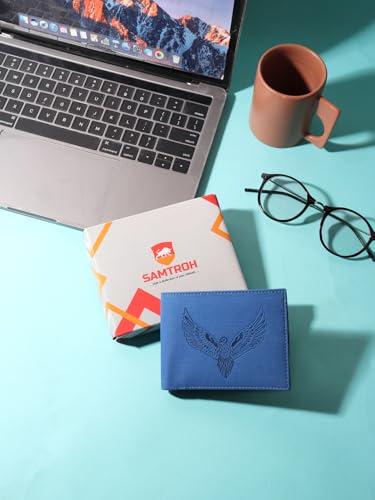 Image of SAMTROH Vegan Leather Wallet for Men | Vintage Printed | Premium Vegan Leather Craftsmanship | 3 Card Slots I 2 Cash Compartments & Secret Slots | 1 Coin Pocket. (Eagle, Blue)