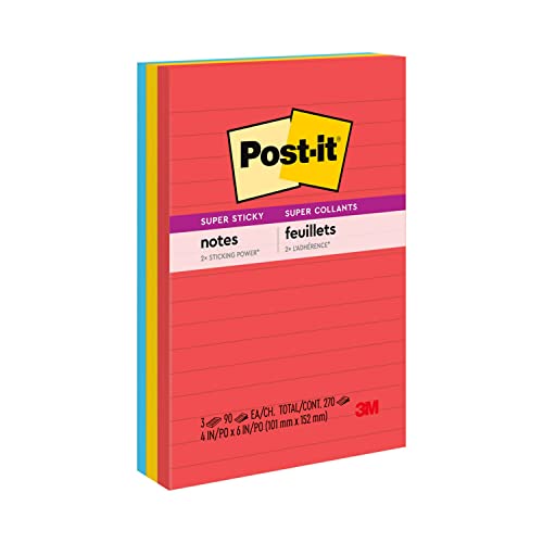 Post-It Notes Super Sticky lignées 4 X 6 pour organiser le bureau