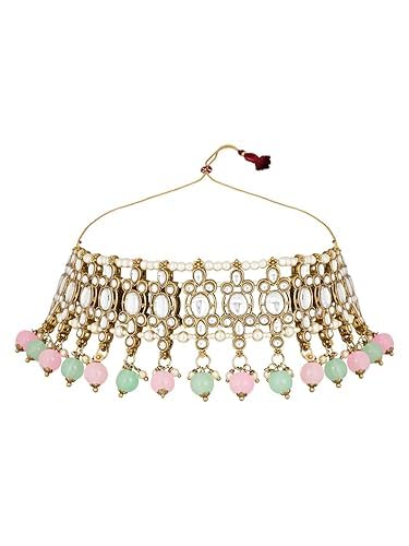 Image of I Jewels Gold Plated Traditional Kundan Pearl Drop Choker Necklace Jewellery With Earrings & Maang Tikka Set For Women /Girls