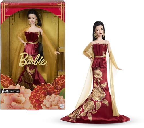 Barbie Signature Lunar New Year Fashion Doll Wearing Red Dress with Golden Peony Print, Collectible...