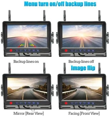 Four monitor screens showing options to turn backup lines on or off, and to flip the image between mirror (rear view) and facing (front view).
