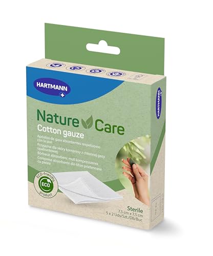 Hartmann Nature Care Gasa de Algodón, Limpiar y Cuidar Heridas, Estéril, Envase libre de plásticos, Eco-friendly, Materiales Naturales, 7.5x7.5 cm, 5 unidades