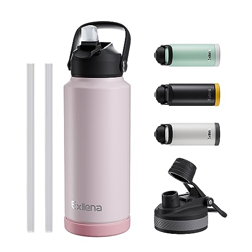 Exllena Edelstahl Trinkflasche, 1L Isolierte Wasserflasche mit Strohhalm, Thermosflasche mit 2 Deckeln für Sport, Fitness, Outdoor und Freizeit, Auslaufsicher und BPA Frei (Pink)