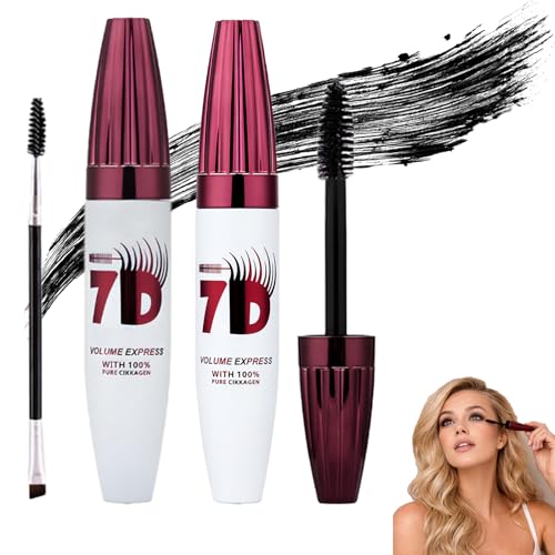 7D Mascara Fiber Lashes Waterproof, Upgraded Long-Lasting Hold, Smudge-Proof Creates A Voluminous Lash Look with A Gentle Formula Suitable for Daily Use and As A Present Black (2 Pcs)