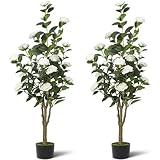 2-Pack 4FT Artificial Camellia Tree,Realistic Fake Potted Plants with Flowers&Planters,Indoor/Outdoor Faux Flowering Trees for Home,Office,Porch,Wedding,and Housewarming Gift Decor,White