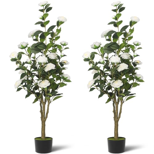 2-Pack 4FT Artificial Camellia Tree,Realistic Fake Potted Plants with...