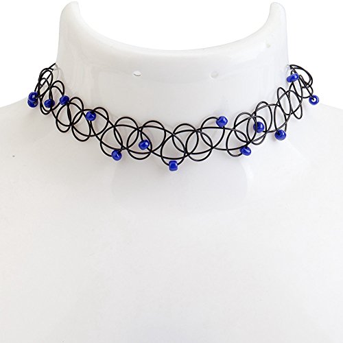 Lovely Black Stretchable Woven Choker/Collier Necklace In Vintage Boho Style With Invisible Clasp Fastening, Henna Tattoo Effect And Blue Pearls/Beads Decorations By VAGA