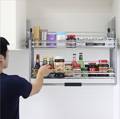 DBR Stainless Steel Modular Kitchen Storage Rack Lift Basket Elevator Pull Down Two Tier Shelf Unit For Cabinet Width 90 Cm (Silver) Imported (Width 900 Mm)