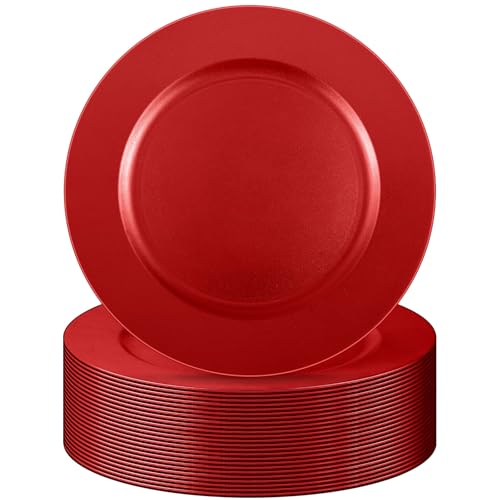Tanlade 30 Pcs Charger Plates Bulk 13 Inch Plastic Round Wedding Chargers Floral Decorative Plates with Metallic Ruffled Rim for Wedding Party Holiday Event Supplies(Red)