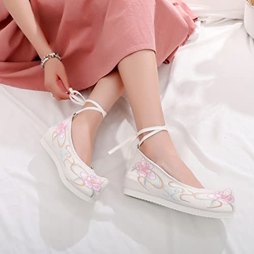 1 Pair Women Hanfu Shoes Chinese Embroidered Flower Flat Retro Ethnic Slope- Heel Shoes Vintage Floral Silk4