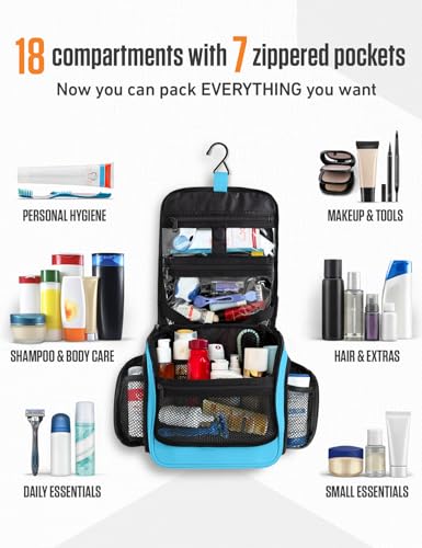 Image of VENTURE 4TH Hanging Travel Toiletry Bag, 18 Compartments - Light Blue | Hangs on rails, hooks or doors; stands upright. Removable TSA pouch. Water-resistant Nylon 290D Twill, reinforced stitching.