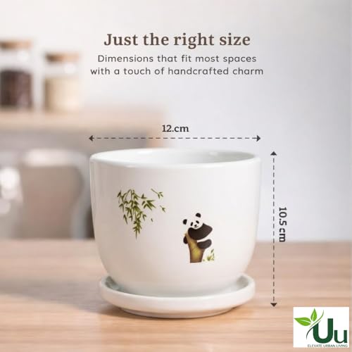 Image of Urban Upvan Panda Design Printed Ceramic Pot with Tray - Premium Decorative Planter for Indoor & Outdoor Plants, Modern Elegant Flower Pot for Home, Garden & Office