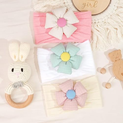 Image of 4 Pcs Baby Flower Headbands Nylon Head Bands Soft Elastics Stretchy Cute Warm Hairbands Hair Bow Accessories for Girls Newborn Infant Toddler Kids Baby Essential Products Handmade 4 Set
