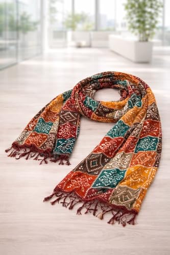 Image of PK HUB Women's Jaipuri Rajasthani Bandhani Dupatta | Art Silk Bandhej Dupatta with Gota Patti Work & Tassels (Free size)
