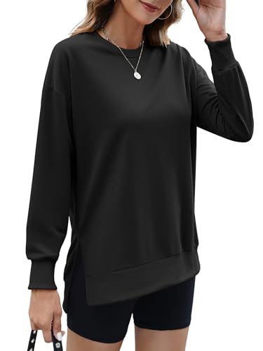 ECOWISH Women Side Split Sweatshirt: Fall Crewneck Long Sleeve Oversized Camo Shirts Casual Camouflage Print Pullover Tops 409 Black S