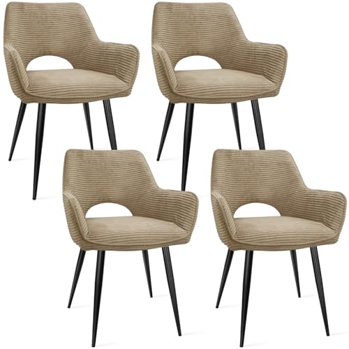 WAFTING Lot de 4 Chaises Salle à Manger avec Accoudoirs, Velours Bouclette, Khaki