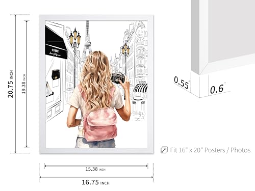 Image of Poster Master Fashion Poster - Lady With A Camera Print - Trendy Art - Paris Art - Modern Art - Gift for Women & Fashionista - Glamour Wall Decor for Bedroom or Girl's Room, 16x20 White Framed