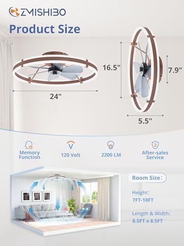 Image of ZMISHIBO 24 Inch Ceiling Fans with Lights and Remote, Modern Low Profile Ceiling Fan, 3000-6000K Dimmable Flush Mount LED Fan Light, 6 Wind Speeds, Fandelier Ceiling Fans for Bedroom- Brown