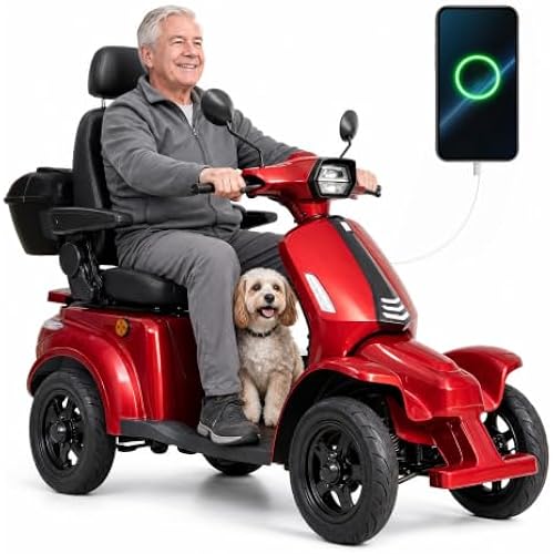 4-Wheel 1000W All Terrain Mobility Scooter for Adults & Seniors, 500lbs Capacity, 25-34 Miles Long Range, 15.5 mph Max Speed, Cool Red Electric Heavy Duty Mobility Scooter with Trunk & 20° Hill Climb