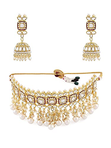 TONGARI Meenakari Kundan Collier ras du cou et boucles d'oreilles Jhumki pour femme (), métal, kundan et perles Rouge, Métal, Kundan et perles Cover