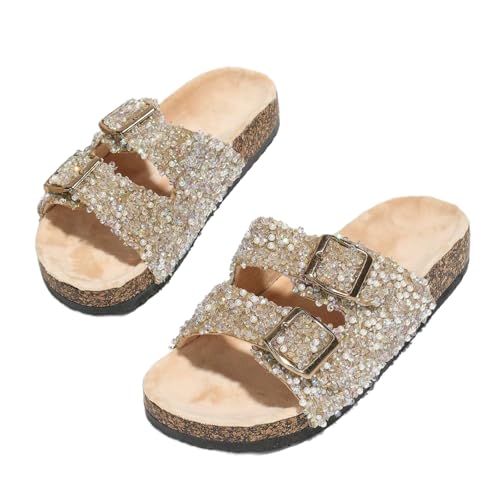 ROULVXIANG Cork Footbed Slides, 2025 Women's Flat Bottomed Home Outdoor Diamond Sequin Metal Button Plus Size Slippers (Apricot, Adult, Women, 8, Numeric, US Footwear Size System, Medium)