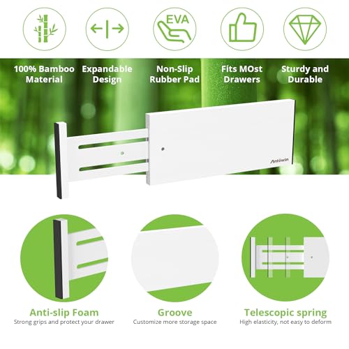 ANTOWIN 4 Pack Expandable Drawer Dividers, 4.7'' High, Extend from 12.2'' to 17.7'', Dresser Drawer Organizers, Bamboo Separators for Kitchen, Bedroom, Office, Bathroom (White) - Image 4