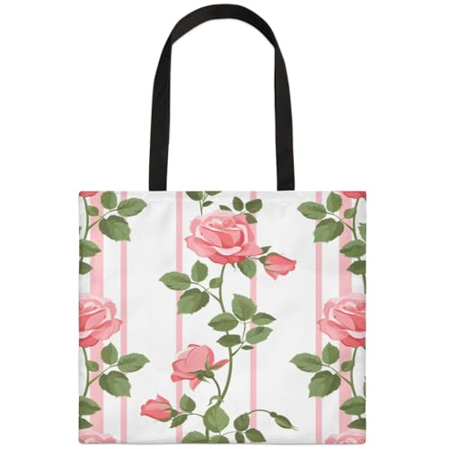 Mularoka Striped Roses Square Canvas Tote Bag Top Handle Purses Stylish Women Canvas Shoulder Tote Bags Reusable Handbags for Work Travel Picnic Beach Shopping Gym Hiking