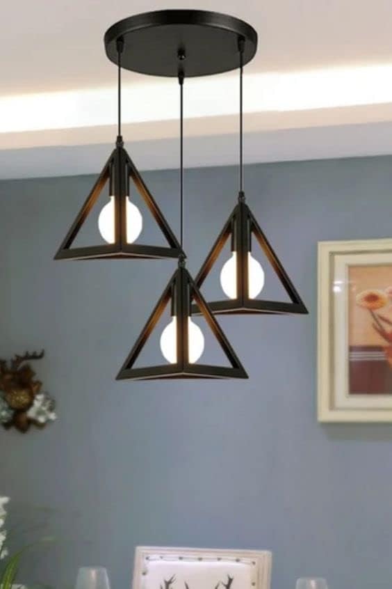 Image of Vintage Black Metallic Hanging Pendant Ceiling Lamp, for Bedroom, Living Room, Hotel, Cafe, Balcony Decor (Black Tringle Hanging Lamp)
