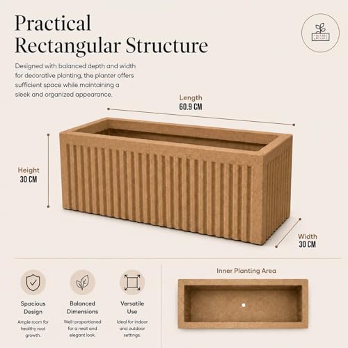 Image of Go Hooked Rectangular Planter Pot (24x12) Inch | Sandstone Ribbed Design Plastic Flower Pot for Indoor Outdoor Balcony Garden Window Railing Patio | Polymer Decorative Plant Container