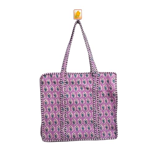 Bolsa de algodón con estampado floral, patrón rosa y azul, diseño acolchado con ribete a rayas, 18 x 16 x 6 pulgadas Bolsa de algodón con estampado floral, patrón rosa y azul, diseño acolchado con ribete a rayas, 18 x 16 x 6 pulgadas