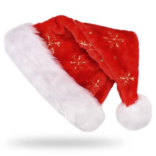 DUOJIN Bonnet de Père Noël avec doublure douce, en peluche, avec paillettes dorées, flocon de neige, chaud, pour enfants et adultes