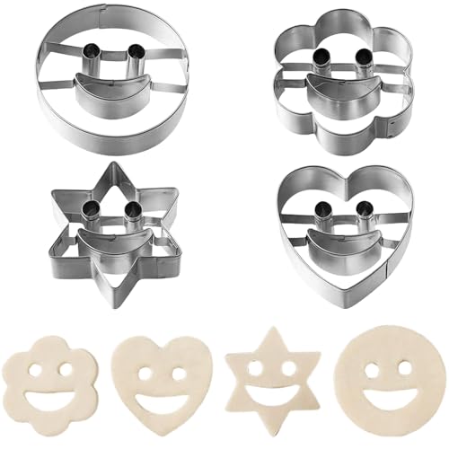 クッキー型 スマイリー 笑顔 4個セット ステンレス 可愛い ハート 星 丸 花 クッキーカッター 抜き型 ビスケット 型抜き 粘土 DIY 手作り お弁当 製菓道具 クリスマス 誕生日 (笑顔)