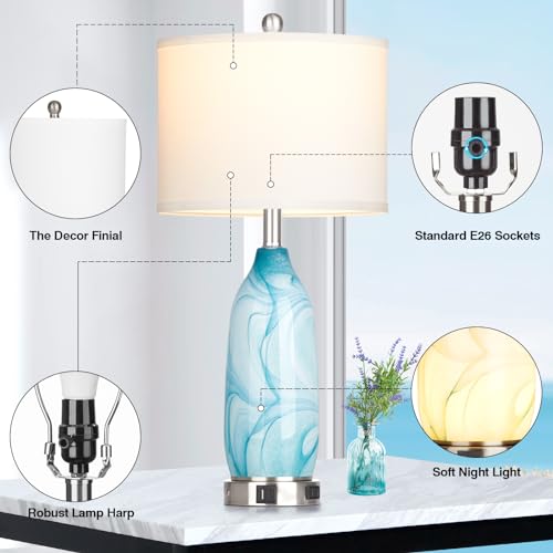 26" Coastal Table Lamps Set of 2, Modern Table Lamps with USB A+C Ports & AC Outlet, Touch Control Glass Bedside Nightstand Lamp with Night Light for Living Room Bedroom End Table Blue(Bulbs Included) - Image 3