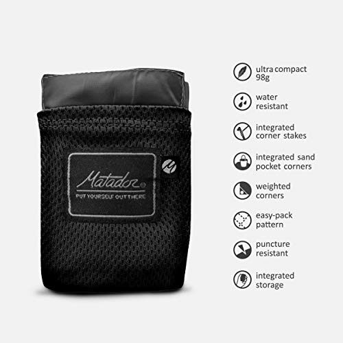 Matador Pocket Blanket New Version, Picnic, Beach, Hiking, Camping. Water Resistant with Built-in Ground Stakes (Black)