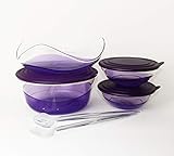  TUPPERWARE Eleganzia Schüssel 2X 600ml + 2,3L + Servierschale/Obstschale + Salatbesteck VIOLETT-LILA/TRANSPARENT Schale BLICKFANG + Geschenk 250ml Gefrierbehälter Gelb