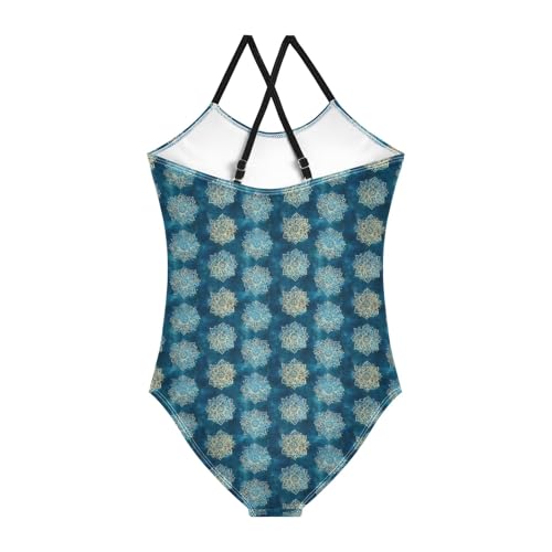 senya Girls Swimsuits One-Piece Swimwear Tie Bathing Suit Beach Summer Round Neck 7-8T Turquoise Mandala Pattern2