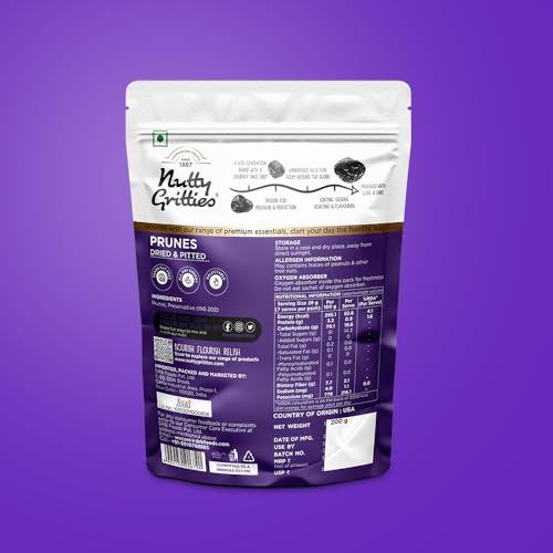 Image of Nutty Gritties California Pitted Prunes - Dried Fruit Plums | Resealable Pouch (Pack of 2-200GMS Each) - 400GMS