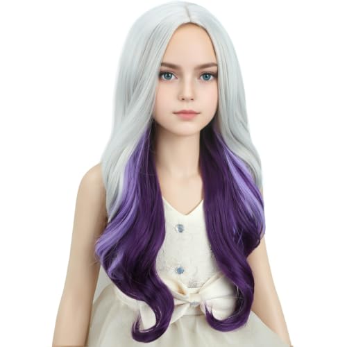 DUDUWIG Child Silver Ombre Purple Wig Kids Long Gray Purple Middle Part Wig Girls Silver Wavy Curly Wigs Heat Resistant Synthetic Wigs with Wig Cap