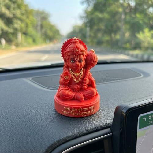 Image of Baal Hanuman Idol Red Murti Sitting Pose with Gada | 8cm Height | 3D Printed | Hanuman Chalisa Doha Inscribed Base | Home Temple | Car Dashboard Decor | Devotional Figurine