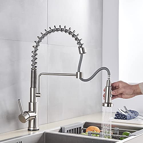 Votamuta Stainless Steel Spring Kitchen Faucet Brushed Nickel Mixer Pull Down Sprayer Single Handle Kitchen Faucet, Pull Out Kitchen Sink Faucet