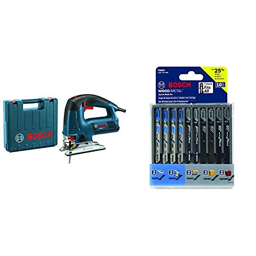 Bosch Power Tools Jigsaw Kit - JS572EK - 7.2 Amp Corded Variable Speed Top-Handle Jig Saw Kit with Assorted Blades and Carrying Case & 10-Piece Assorted T-Shank Jig Saw Blade Set T5002