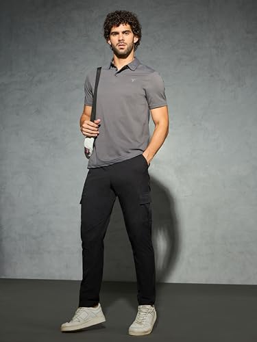 Image of TECHNOSPORT Men's Solid Slim Fit Polo Collar T-Shirt COTFLEX Half Sleeve Button Polyester for Gym Running Workout UPF50+ Anti Odour