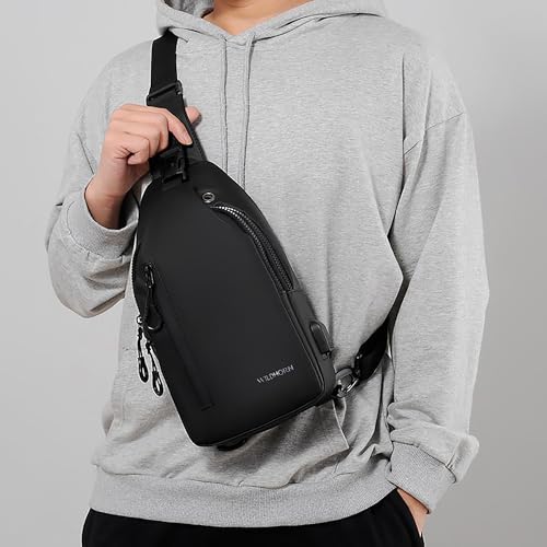 Image of WildHorn Crossbody Sling Bag for Men | Water-Resistant Chest & Shoulder Bag with USB Charging Port, Earphone Hole & Multi-Compartment Storage for Travel & Daily Use (Black)